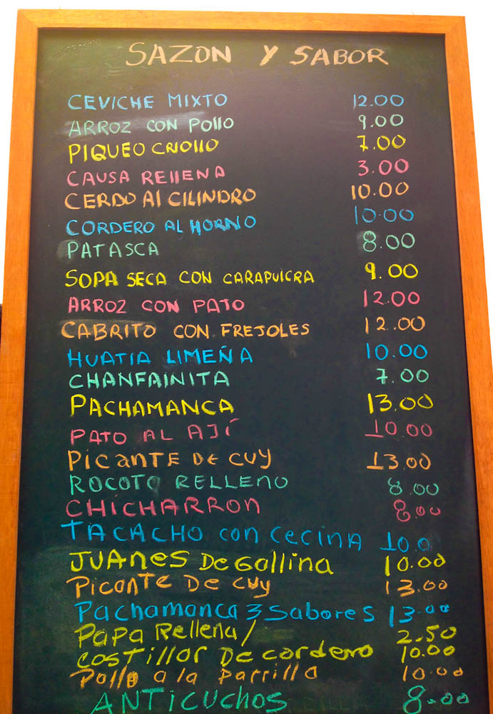 Menu filled with typical Peruvian goodies