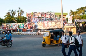 Movie posters decorate the streets of Pondi