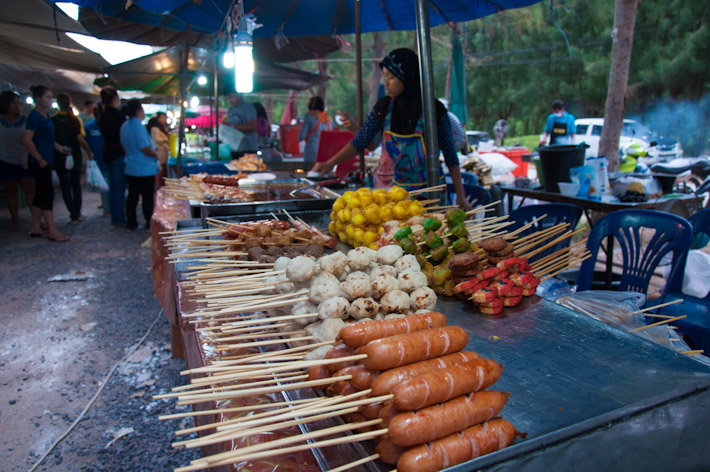 There's plenty of snacks served on skewers in Thailand: sausages, meat balls and fish balls are amongst the most popular in street markets
