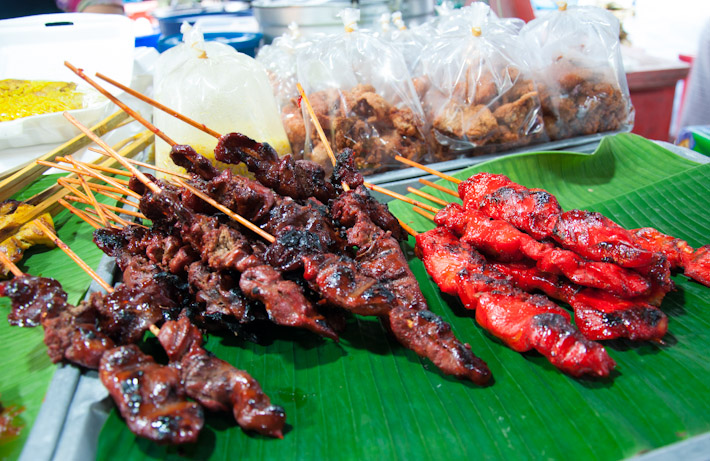 Various satays: marinated meat on skewers, charcoal grilled to tenderness