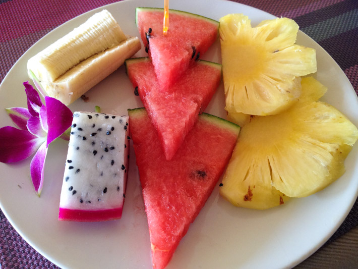 Seasonal fruit platter in Ko Phi Phi: banana, dragon fruit, watermelon and pineapple 