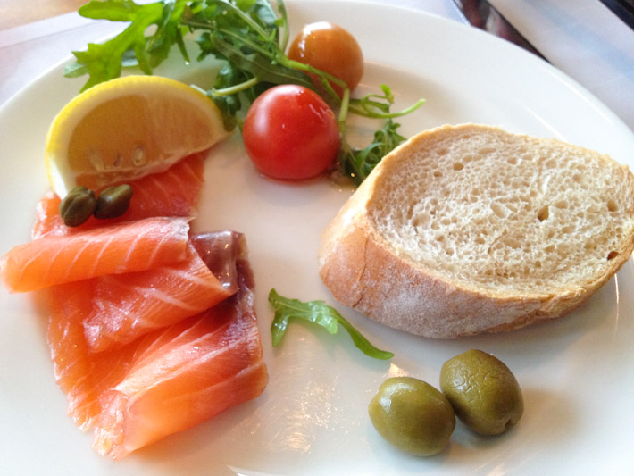 Smoked salmon with fresh baguette and a little salad