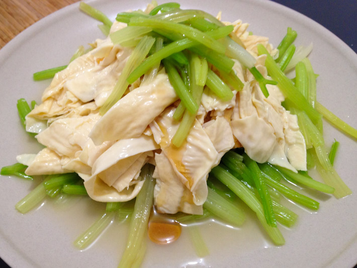 Bean curd and celery salad, dressed with sesame oil