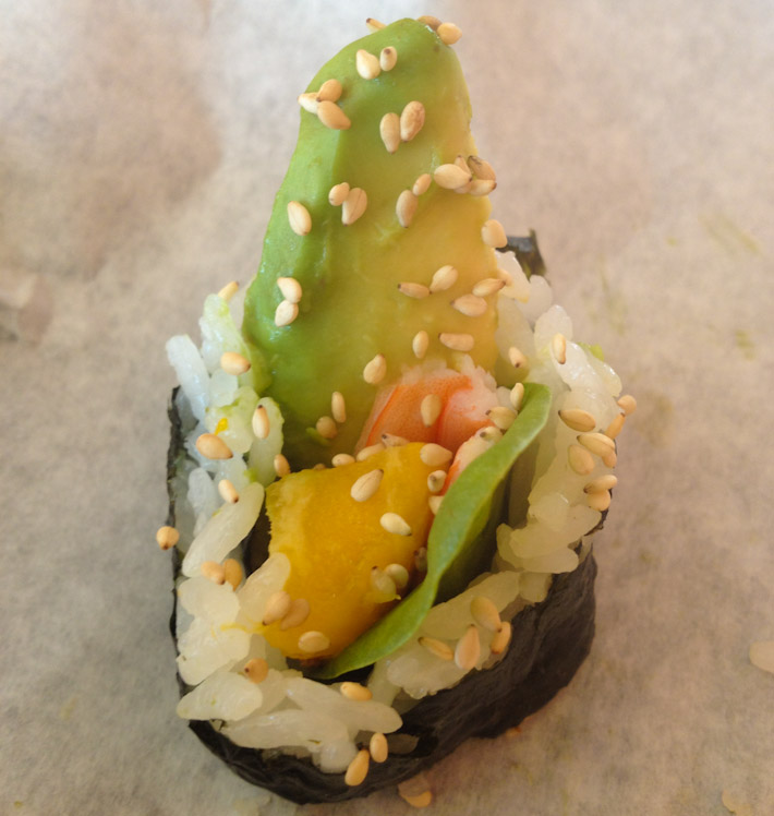 Ashray's maki roll creation: prawn, avocado, mango and spinach, prepared at How Do You Roll, a fast food restaurant where you create your own sushi 
