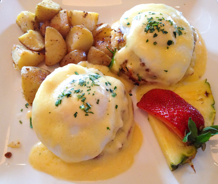 Eggs Benedict on crab cakes at Sonoma County, California - borderline luxurious for breakfast.