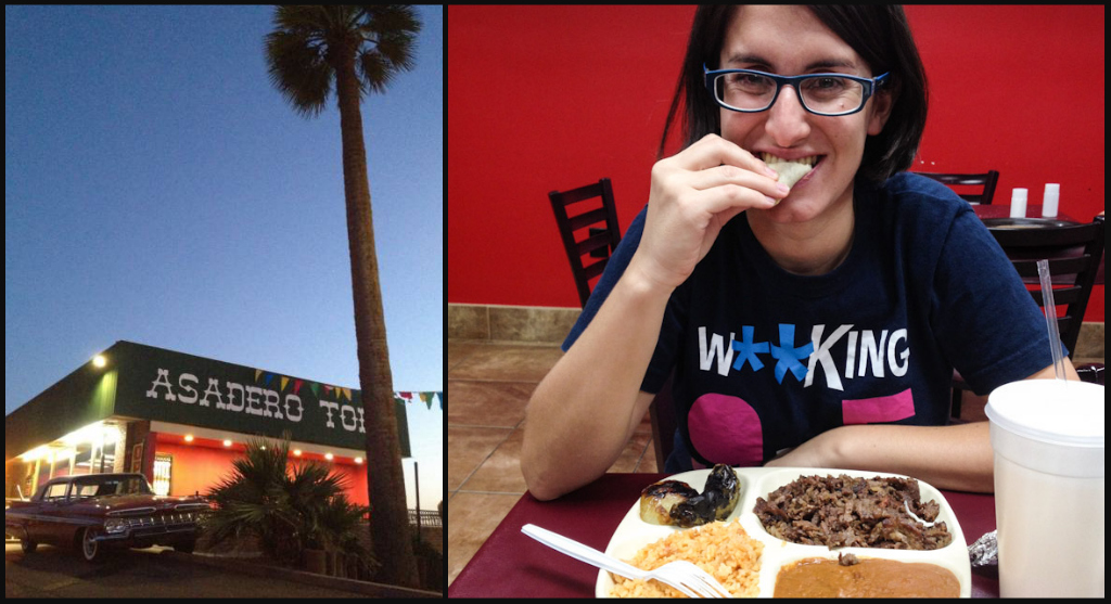 Awesome Mexican in Phoenix, Arizona: beef barbacoa, refried beans, roasted pimientos and corn tortillas