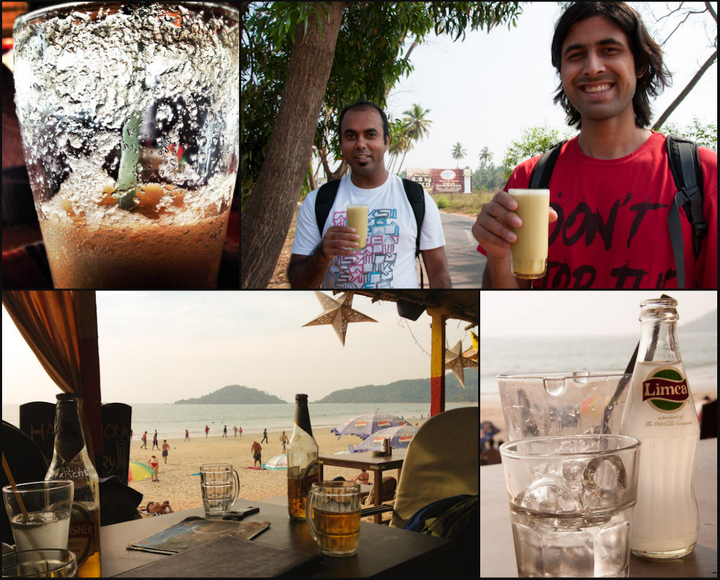 Drinks in Goa: fresh ginger ale, squeezed sugar cane juice, Indian beer and Goan chashew feni with soda