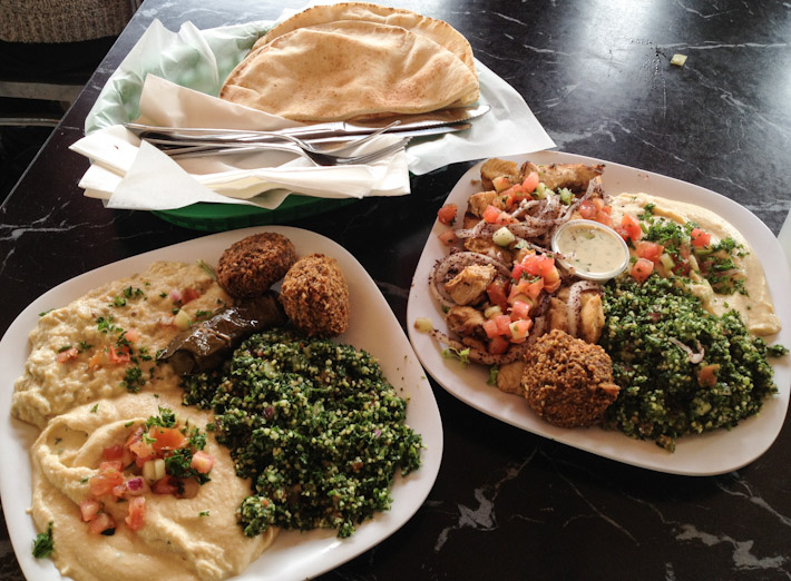 Middle Eastern lunch in San Francisco: Arabic bread, hummus, baba ganoush, falafel, chicken shish tawook and tabbouleh salad. For a meal, I almost felt like I was back in Dubai...