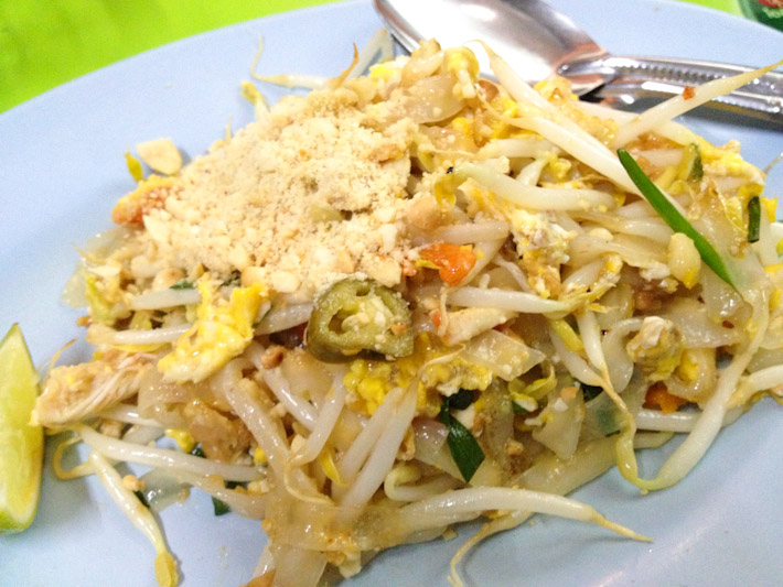 Pad Thai. Stir-fried rice noodle with chopped tofu, sprouts, egg, tamarind and fish sauce. For a $1 or less all over Thailand - gotta love this country!!