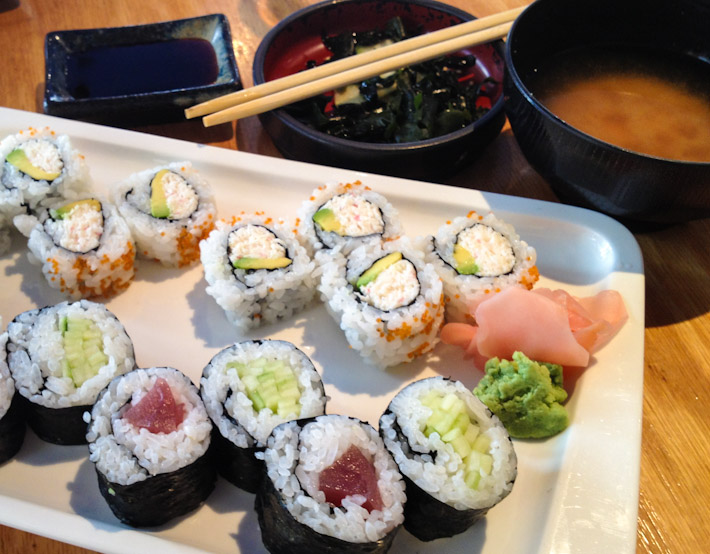 Sushi rolls in San Francisco, with seaweed salad and miso soup: one of my ideal lunch sets!