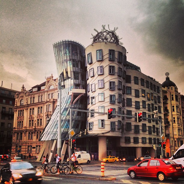 The Dancing House of Prague under a storm