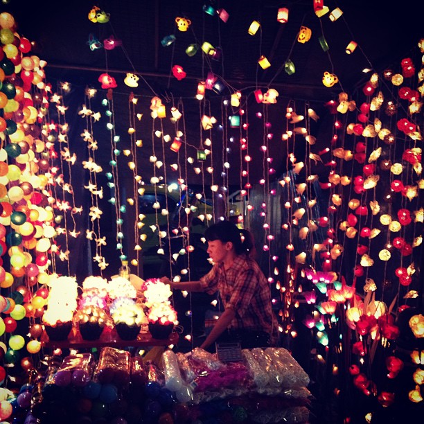 Colorful lights at a street market in Bangkok