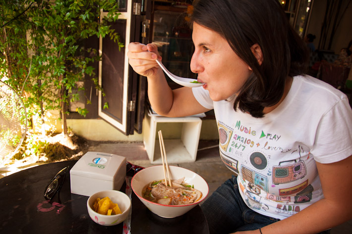 Eating noodle soup at Jing Jai Market in Chiang Mai