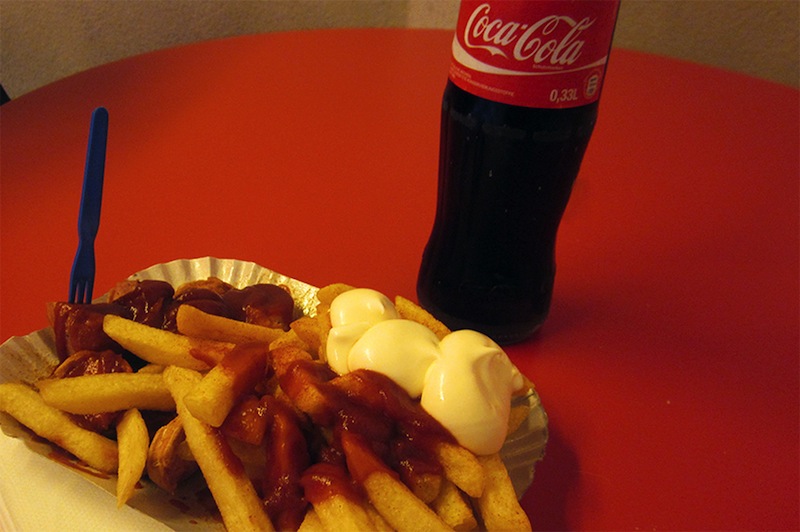 Your basic currywurst German meal at the famous Curry36 in Berlin, Germany