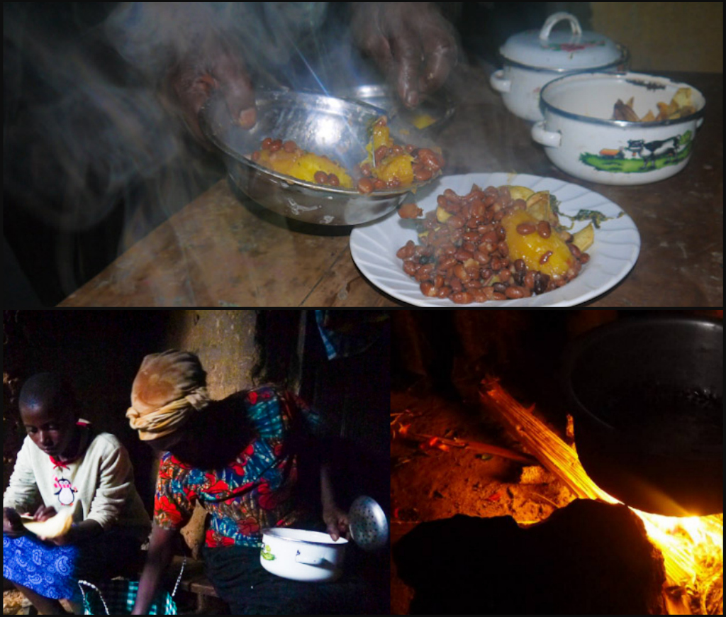 Isombe, beans & french fries dinner in Rwanda