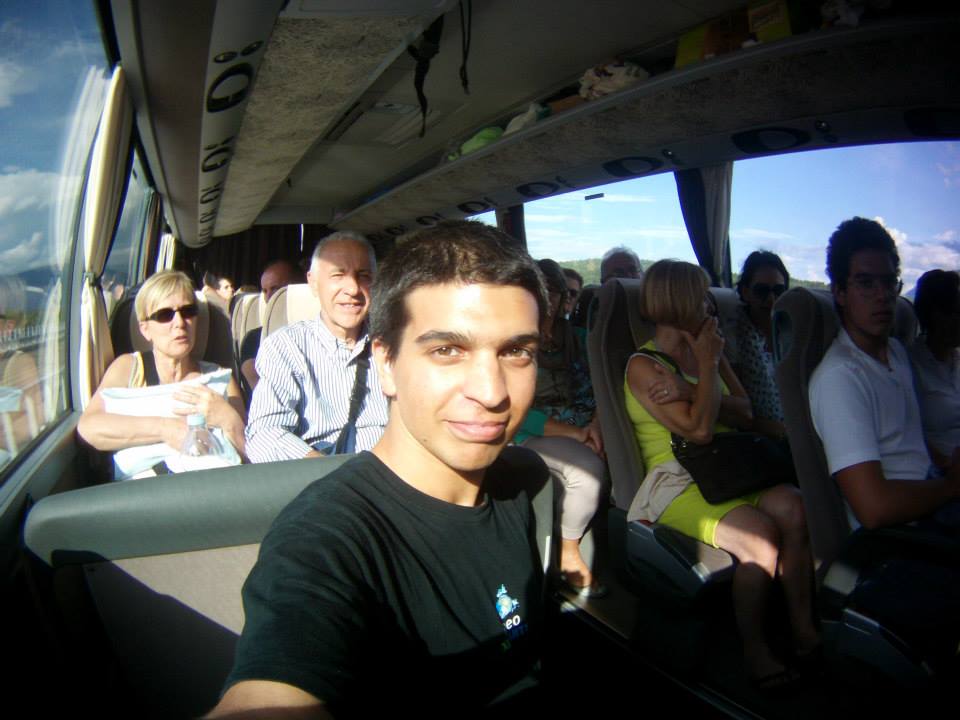 On the way to Italy, on a bus full of tourists