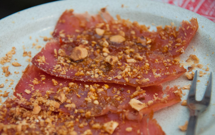 Moxama: dried tuna meat with crushed nuts