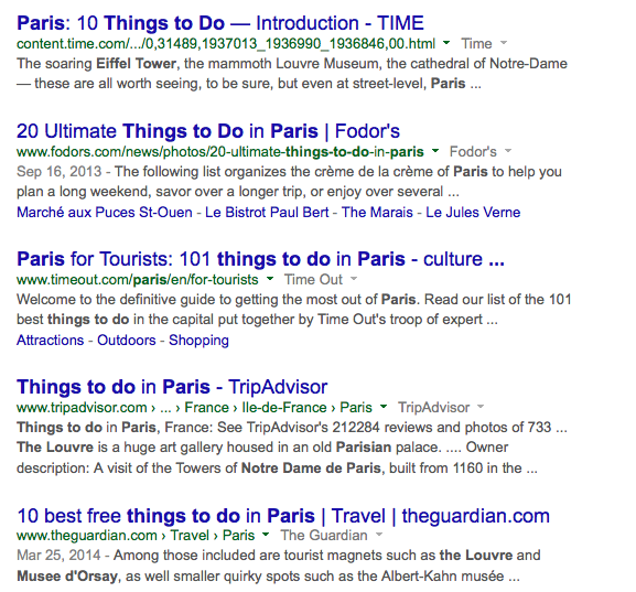 Google results using keywords "things to do paris"