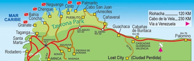 Tayrona National Park map: the intermittent brown represents the trek covered in this article