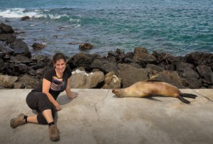 Zara playing with sea lions in the Galapagos