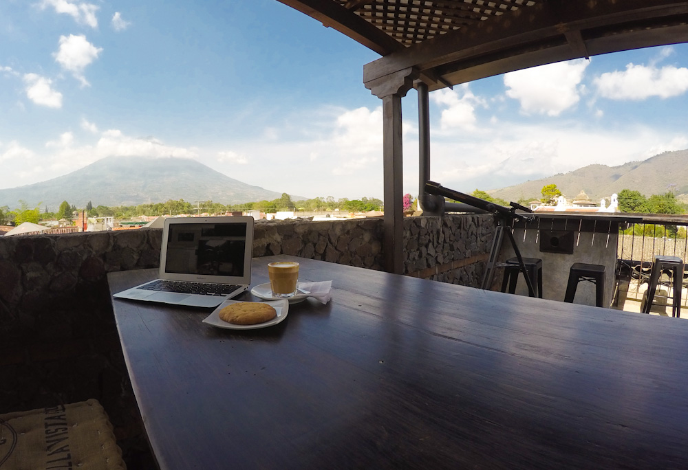 The rooftop of Cafe Vella Vista, with Agua volcano in the distance