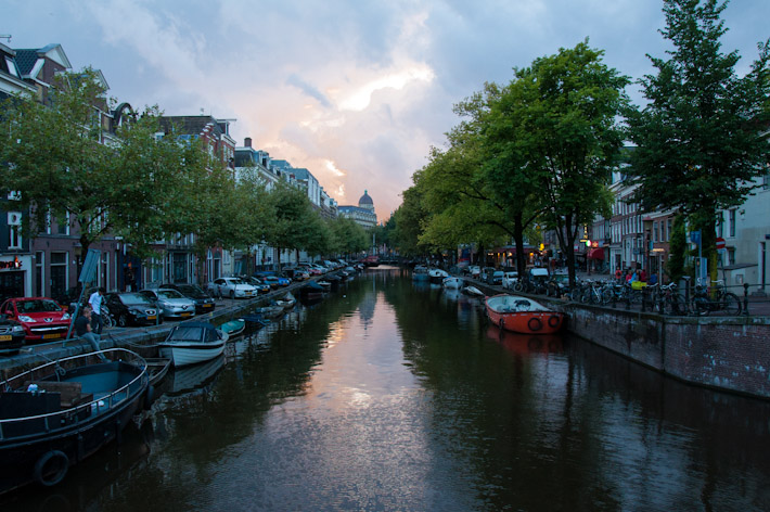 Sunset over Amsterdam canal