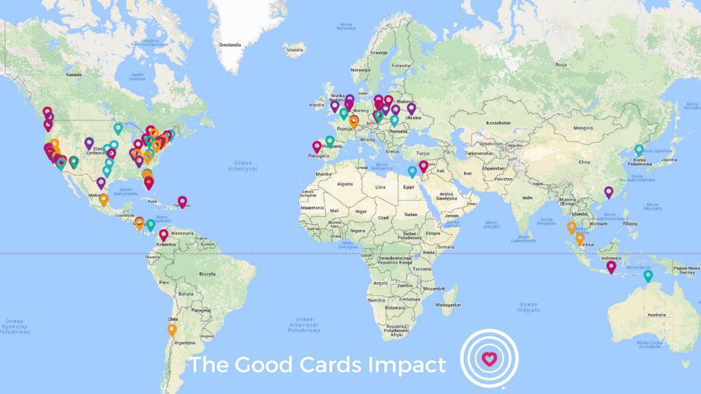 What has happened with The Good Cards around the world, since February: every pin is a good deed done for someone